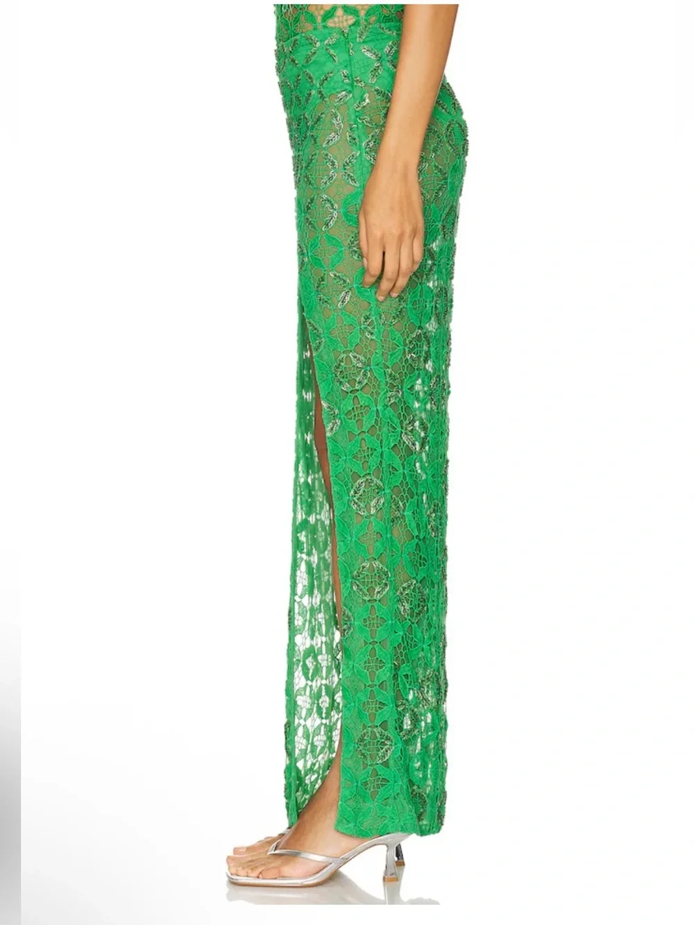 La Fuori Mossy Meadow Skirt Green Lace beaded Maxi Side Slit NWT Revolve S